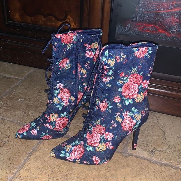 Floral Blue Printed Boots - Picture 1 of 7